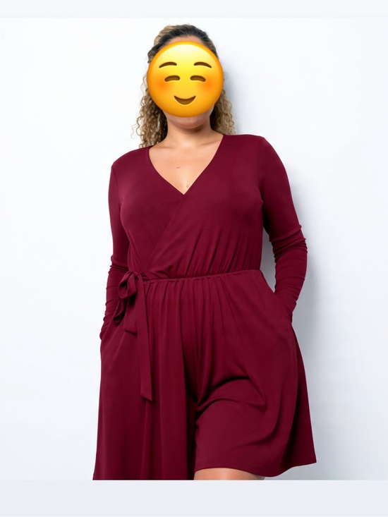 Pants - Wrap-Front Long Sleeve V-Neck Jumpsuit Romper in Burgundy